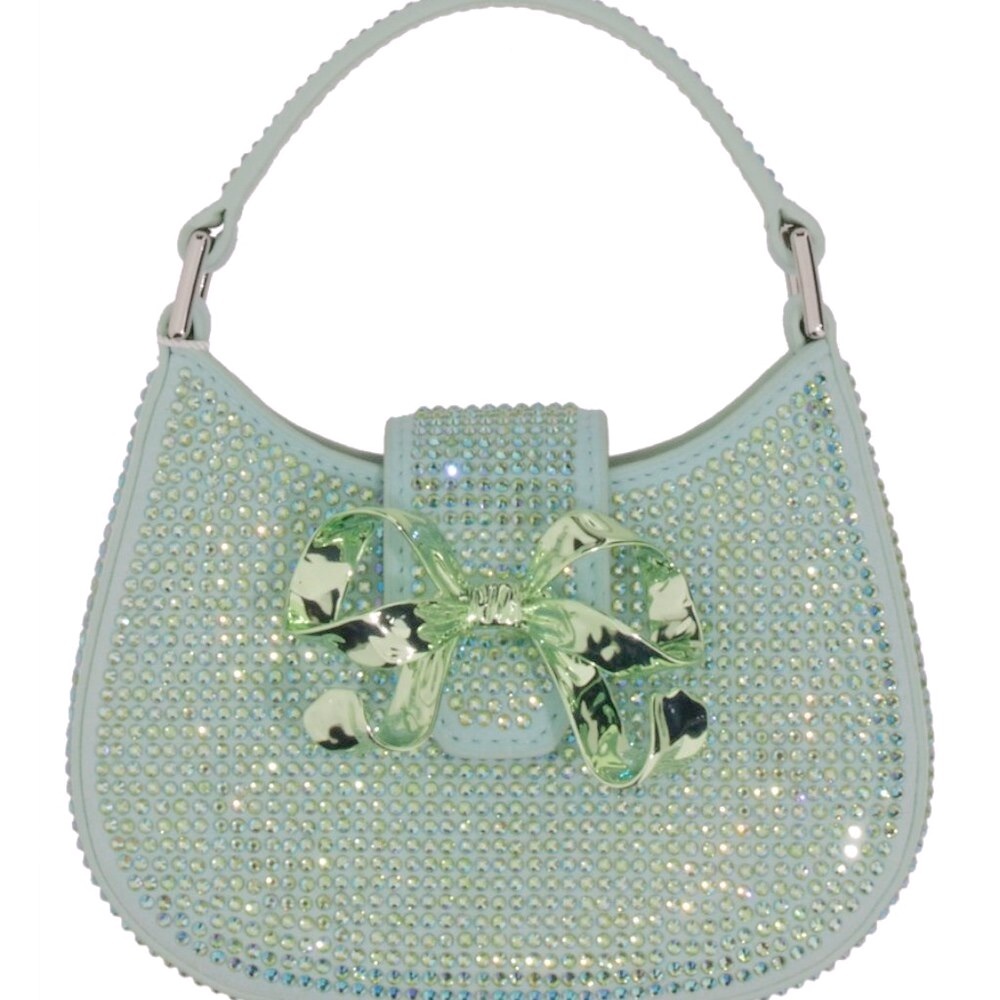 ❌SOLD❌ NWT [Self-Portrait] Crescent Bow Rhinestone Top Handle Mini Bag Green - Picture 2 of 16